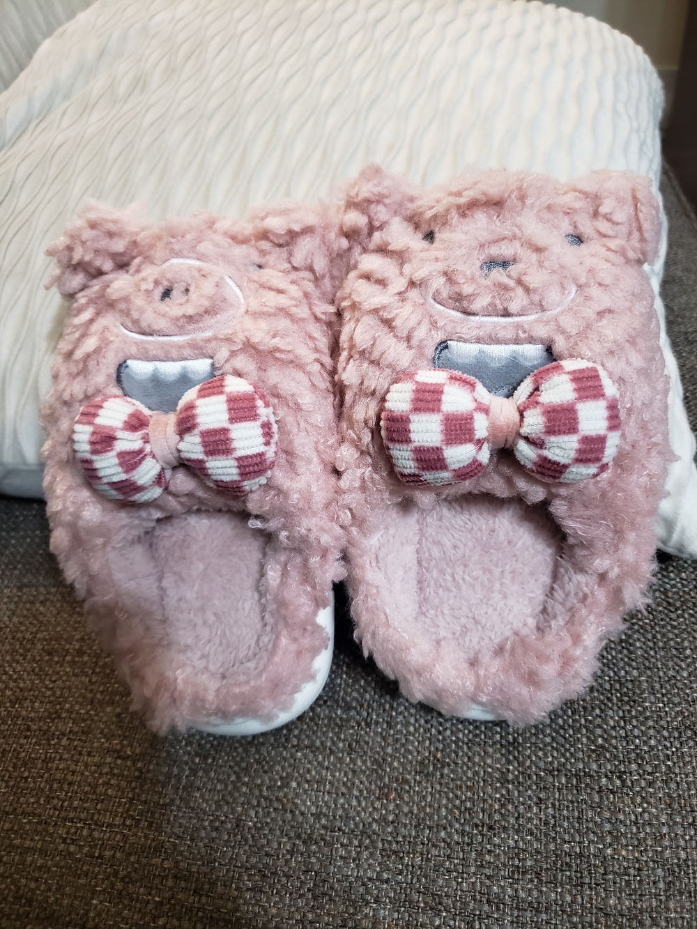 Kids Pink Plush Bear Slippers with Bow
